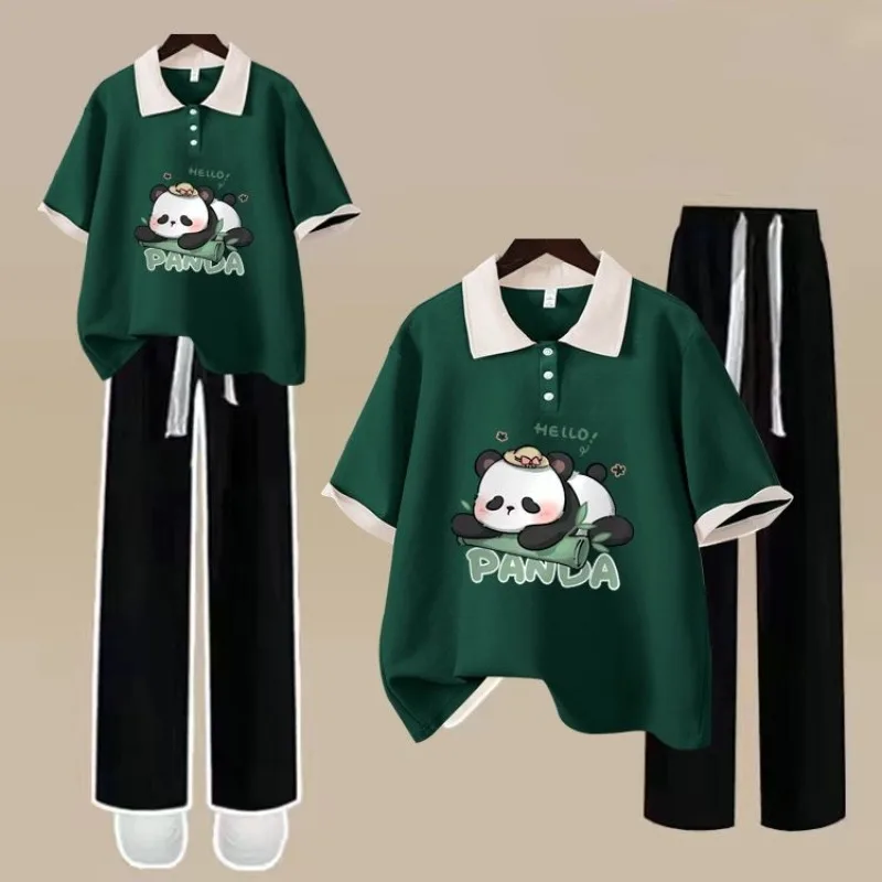 Kobiety Lato Śliczne Panda Polo T Shirty Spodnie Dwuczęściowe Garnitury Lady Casual Luźne Bawełniane Topy z Krótkim Rękawem Spodnie z Szerokimi Nogawkami Stroje
