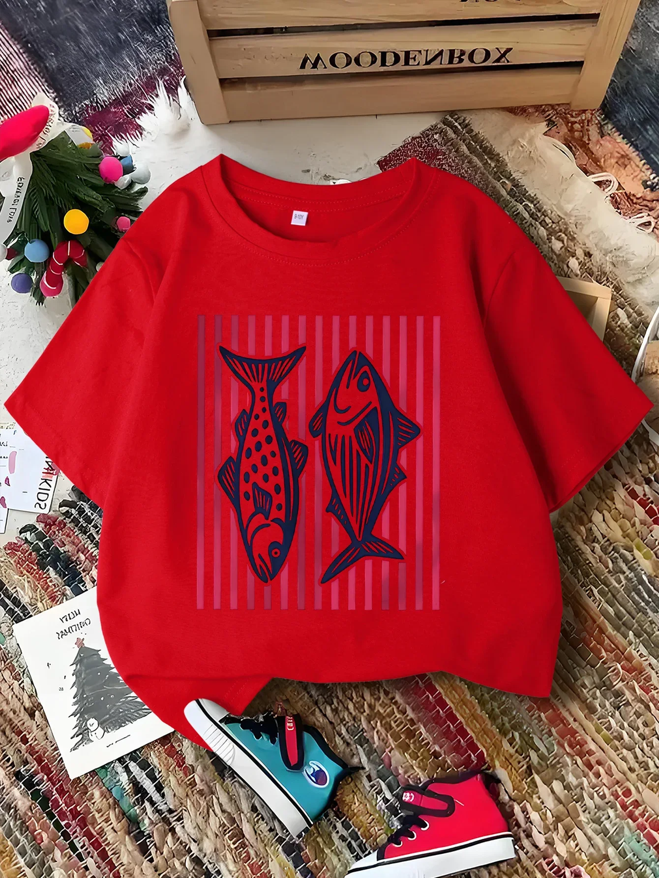 Striped Double Fish Print Kids Tee Boys Girls Family Matching Short Sleeve Breathable Soft Casual Daily Parent Child Comfort Top