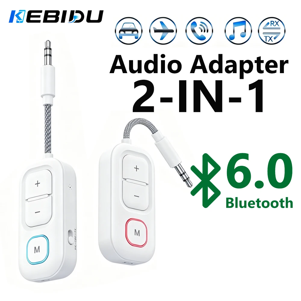 KEBIDU Bluetooth 6.0 Audio Transmitter Receiver 3.5mm AUX Jack Airplane Wireless Audio Adapter With Mic For TV PC Headphone Kit