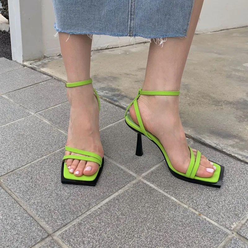 Sandals for Women High Heels Women\'s Slim Stripes Open Toe Shoes Elegant Ladies 2023 Summer New Square Toe Sandalias