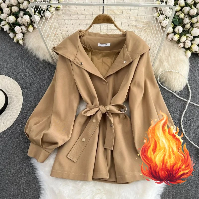 

Женский осенне-зимний новый короткий маленький повседневный дизайн, пальто на талии, плащ с капюшоном, женский изысканный индивидуальный простой модный плащ