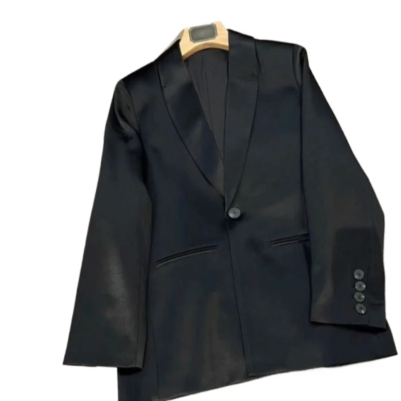 

2026 Women's Green Fruit Collar Crisp Suit Jacket, Women's Clothing, Hand Stitched Arch Needle Japan Acetate Satin Foreign Trade