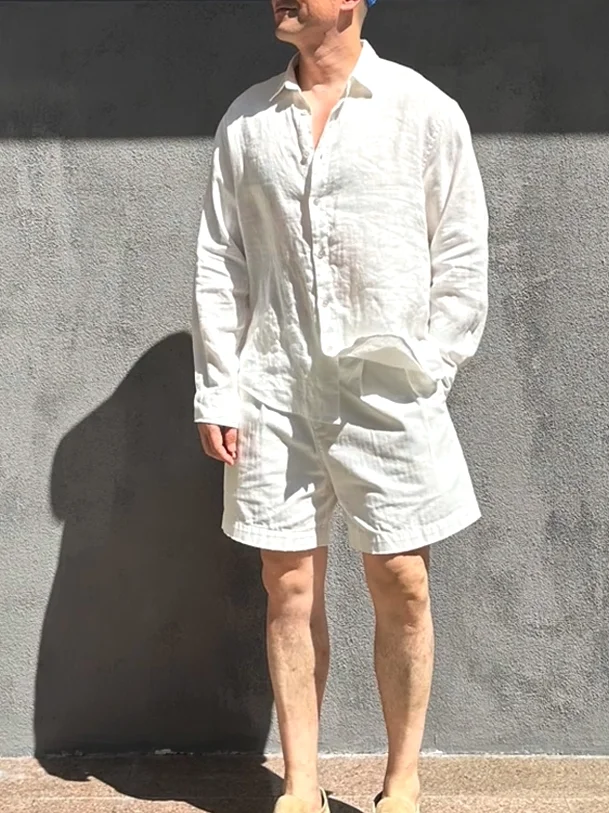 

Pure Cotton Linen Long Sve irt Set Men Casual Sports Five-Quarter ort Pants Two-Piece Set Breathable Comfortable Youth...