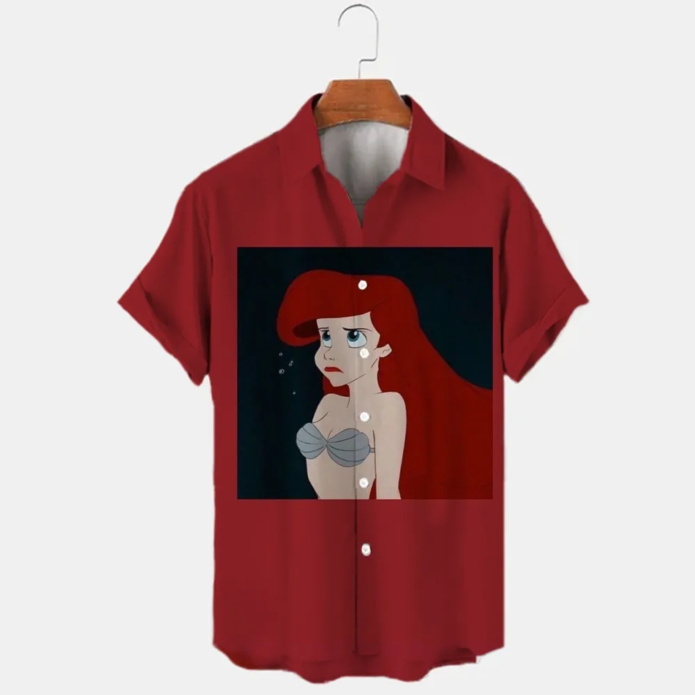 2024 Best Selling Ariel Mermaid Anime Disney Brand Harajuku Fashion Casual Summer New Street Men\'s Lapel Short Sleeve Shirt