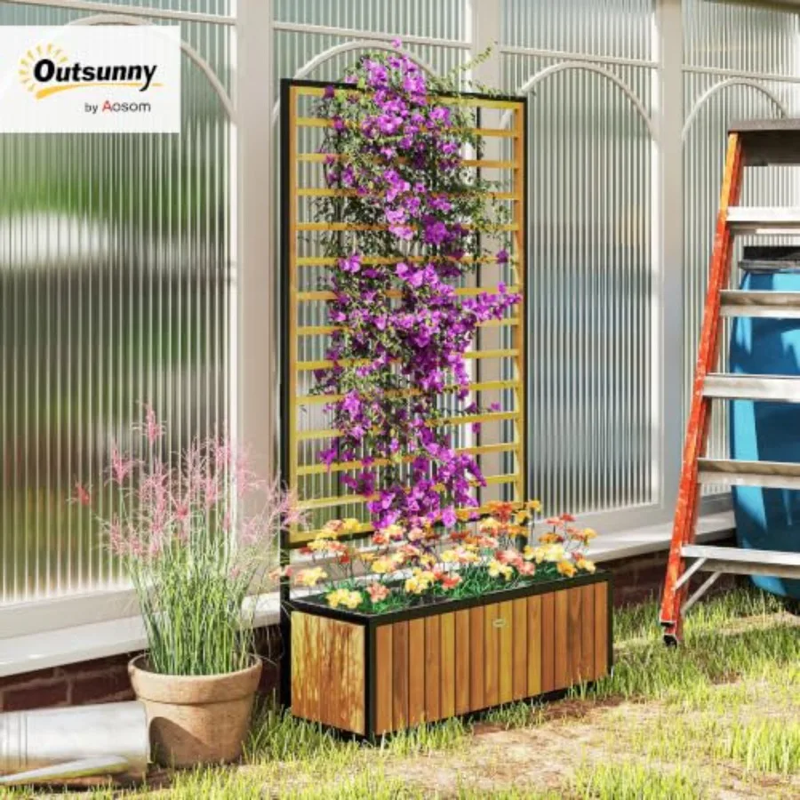 Wooden Raised Garden Bed with Trellis, 29 x 11 x 52 in