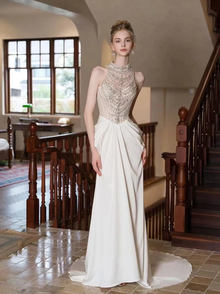 

Ele Heavy Work Ne Hanging Wedding Dr Satin Surface Bridal Gown with Procional White Polyester Long Gown for Wedding