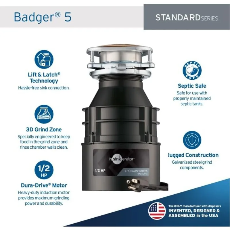 InSinkErator Badger 5 Garbage Disposal with Power Cord, Standard Series 1/2 HP Continuous Feed Food Waste Disposer, Badger 5 W/C