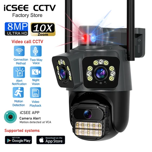 Cámara WiFi 4K de 8MP para exteriores, Zoom 10X, tres lentes, cámara de seguridad PTZ IP AI, detección humana, protección de seguridad, vigilancia iCsee