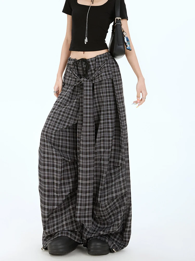 Y2K High Waisted Checkered Pants Women Retro Black White Wide Leg Summer Floor Length Straight Leg Versatile Casual Fashion