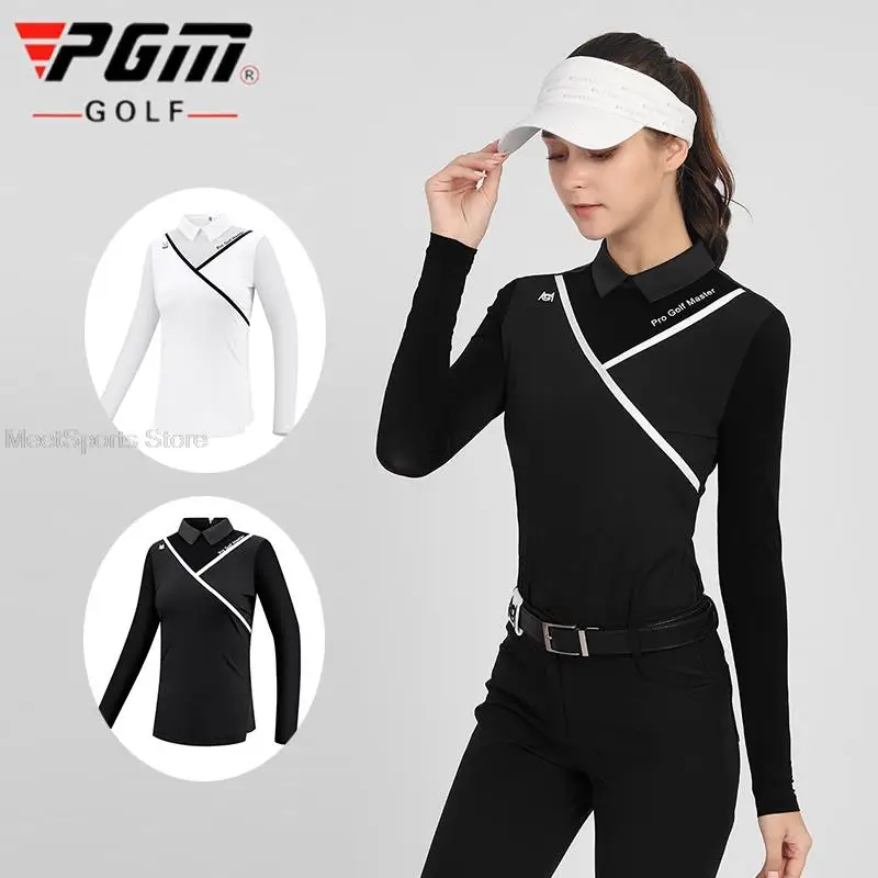 Pgm Golf Women\'s Long Sleeve T Shirts Breathable Ice Silk Summer Tops Ladies Cooling Sunscreen Polo Shirts Back Zipper Golf Wear