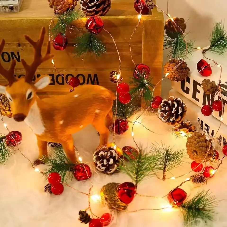 2M20LED Christmas Lights Pinecones String Lights with Red Berries Bells Needles,Battery Operated,Wall Door Xmas Tree Decoration