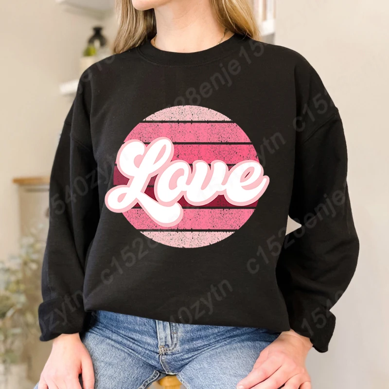 Autumn Winter Tops Popular Valentine's Day Love Print Round Neck Sweatshirts Women Hot Selling Clothing Loose Hoodless Pullovers