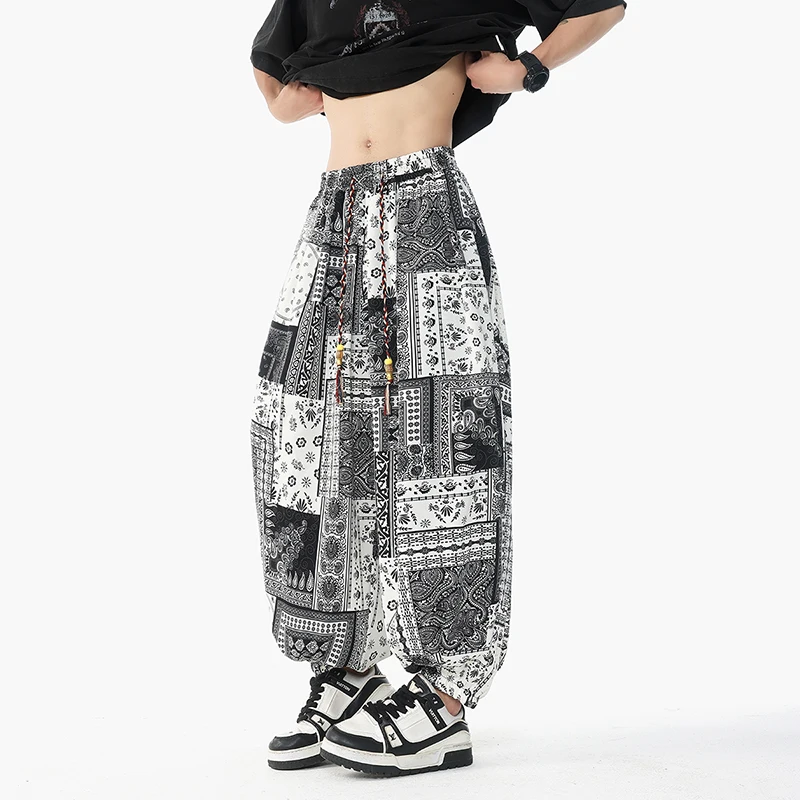 Harajuku Summer Printing Baggy Pants Oversize Men's Trousers Men Lce Silk Flower Loose Bloomers Wide Leg Casual Trousers 5XL