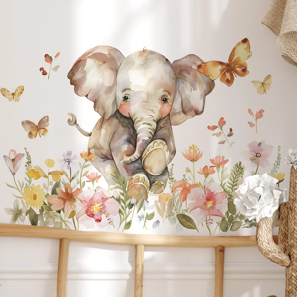 Watercolor Elephant Butterfly Flower Wall Sticker Kids Room Background Decoration Mural Bedroom Home Decor Removable Wallpaper