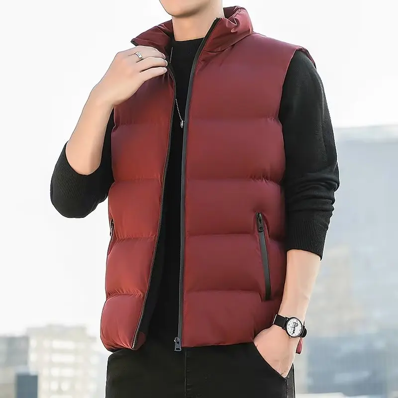 

Autumn Winter Vest Jacket Men Solid Color Warm Sleeveless Jackets Mens Fashion Zipper Stand Collar Waistcoat