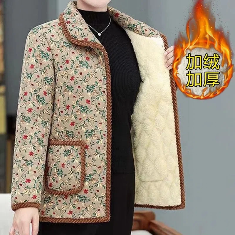 Middle-Aged Elderly Mothers Add Velvet Thicken Outerwear 2024 New Warm Cotton-Padded Jacket Winter Loose Cotton Women Jacket