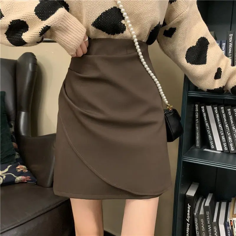 

Female Clothing Irregular Bag Hip Skirts Spring Autumn High Waist A-Line Basic Solid Color Chic Folds Asymmetrical Mini Skirts