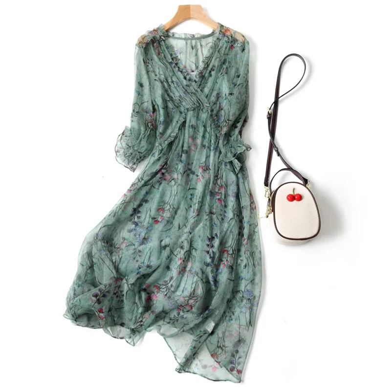 100% Real Silk Summer Dress Women Clothing Elegant Green Party Dress For Women Fashion Print Pink Dresses Vestidos Mujer Zm270