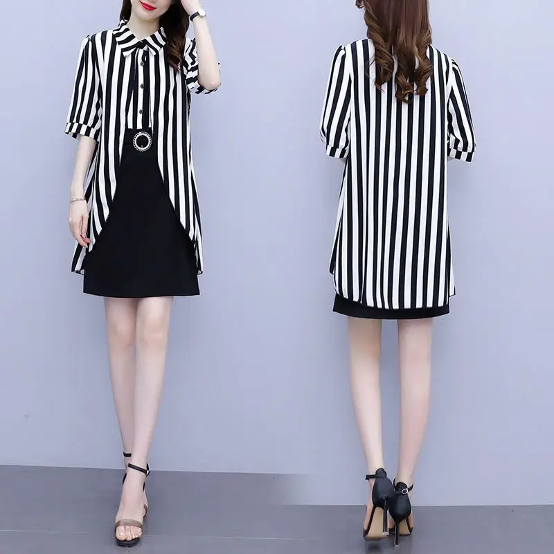 Fashion Female Striped Spliced Fake Two Pieces Midi Dress Casual Summer Chiffon Straight Belt Polo-Neck Single-breasted Dresses