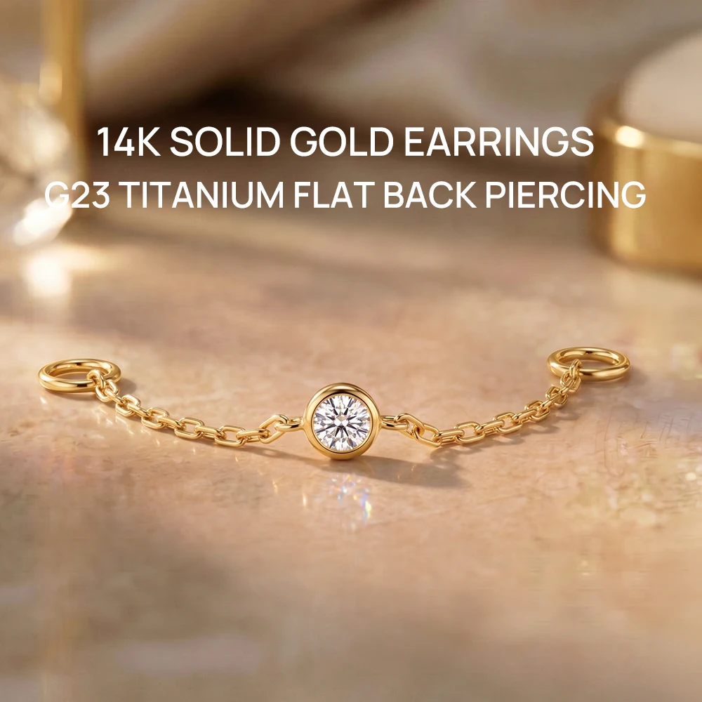 CANNER 14K Solid Gold Chain Dangle Classic horse eye diamond studded chain tassel Stud Earring Piercing Jewelry Hypoallergenic