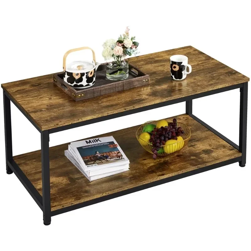 Industrial Coffee Table with Storage Shelf, Rustic Brown center table