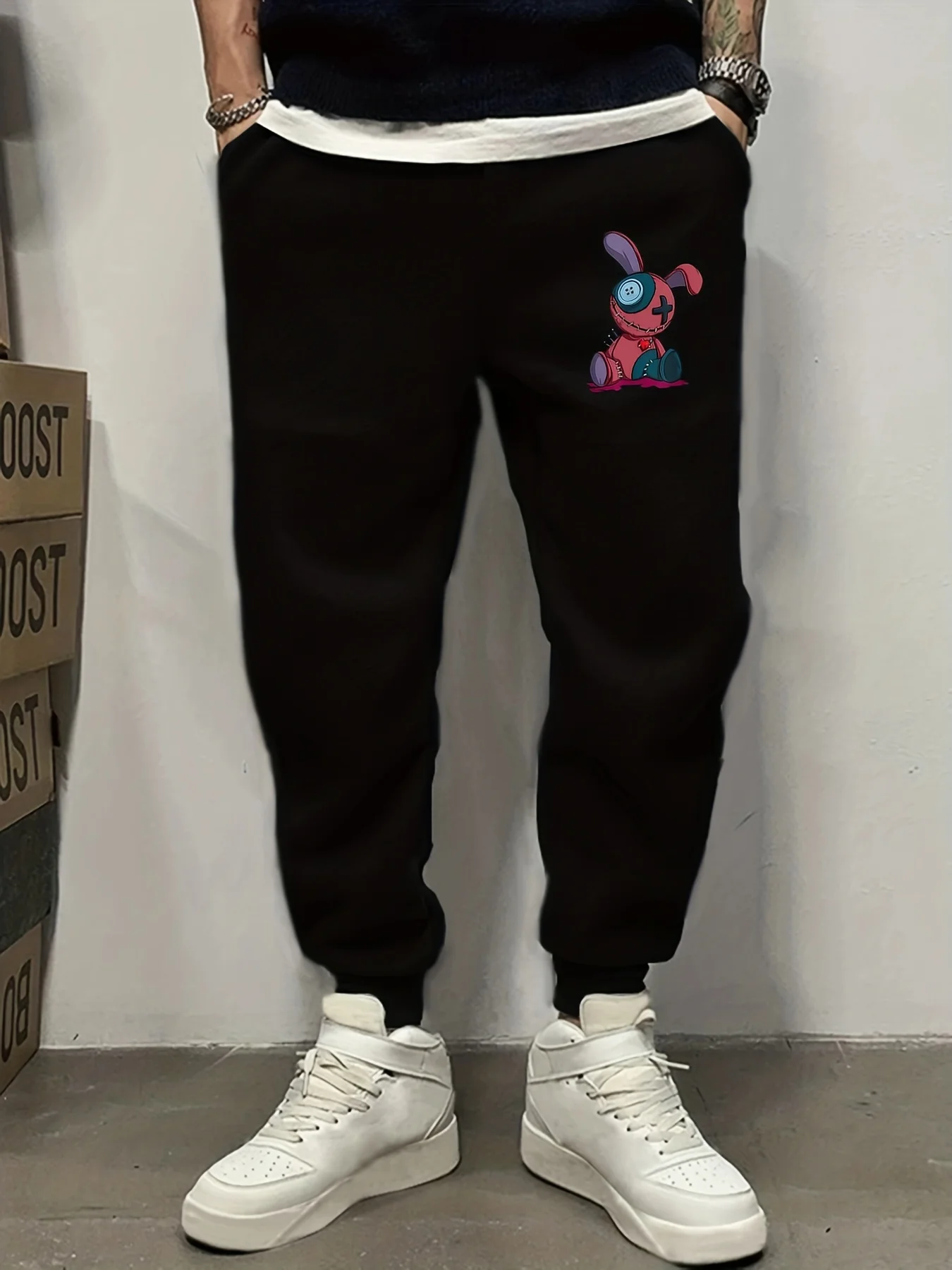 Goth‑focused Patchwork Creepy Bunny Rag‑Toy Character Sketch Art Print Soft Men Sweatpants Hip Hop Sports Jogger Trousers