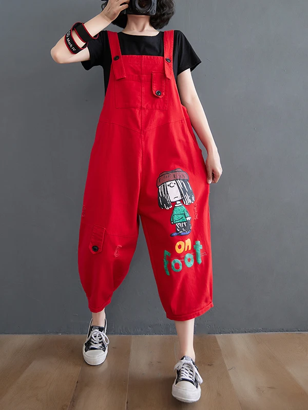 

Faionable Casual Cartoon Print Hole Denim Overalls Loose Age-Defng Summer High Waist Seven-Foot Thin Jeans Thi Denim