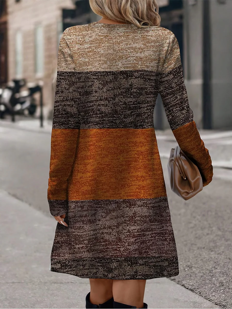 Women's Colorblock Round Neck Elegant Long Sleeve Slim Fit Dress, Comfortable Fabric, Halloween Christmas Holiday Style,