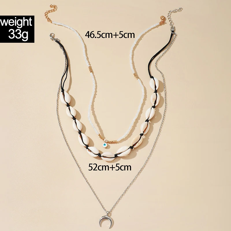 Tocona Bohemian Geometry Weaving Rope Shell Multilayer Pendant Nacklace Female Half Moon Pearl Stone Eyes Three Layer Nacklace