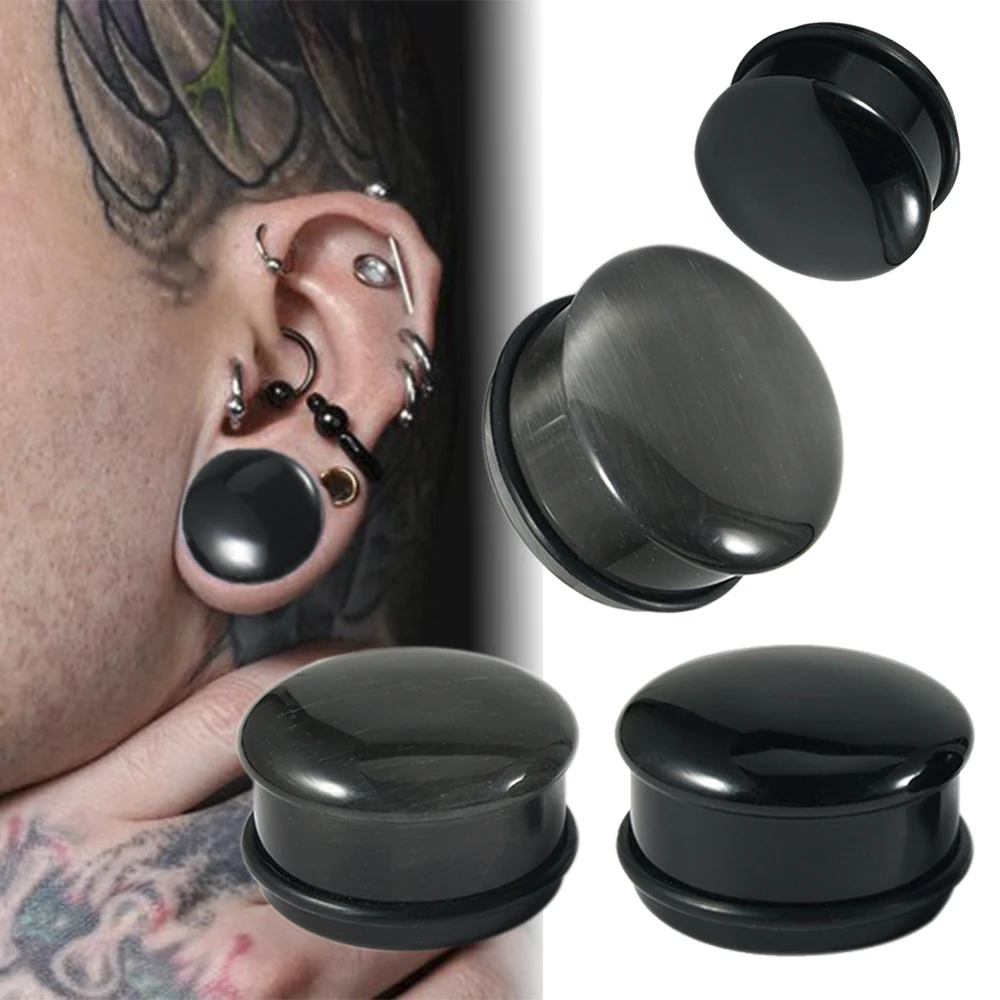 1-2 Stück Einseitig ausgestellte Ohr-Tunnel aus massivem Obsidian mit Katzenaugen-Cabochon, Erweiterer, Dehner, Gewichts-Ohrschmuck