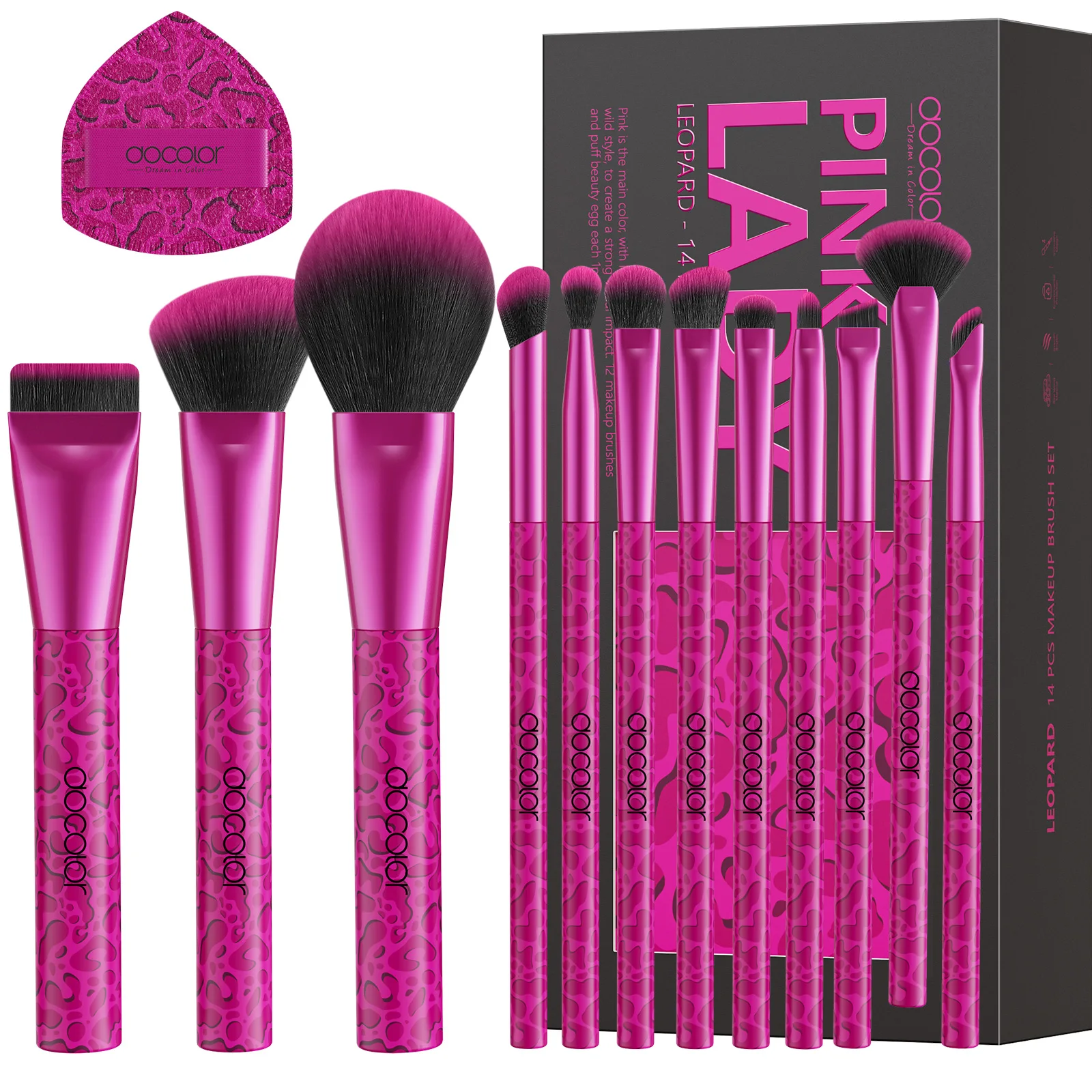 Docolor 14pcs Leopard Pink Face Makeup Brush Eyeshadow Utral Thin Foundation Brush Blush Powder Concealer Eyeliner Makeup Brush
