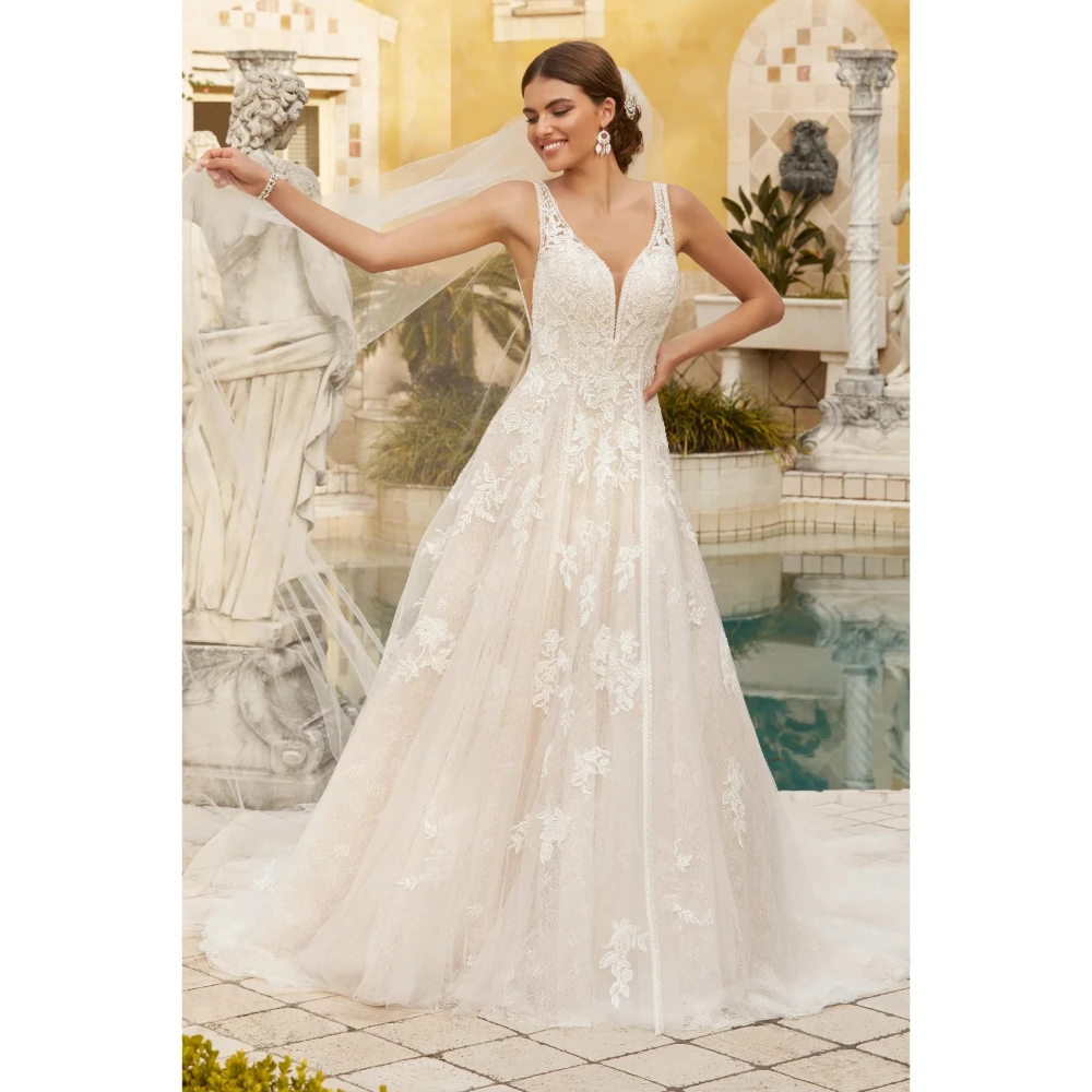 

ESBRIDE Boho Wedding Dresses Elegant V-Neck Wedding Dresses Lace Applique A-Line Civil Bride Gowns Vestidos De Novia Customized