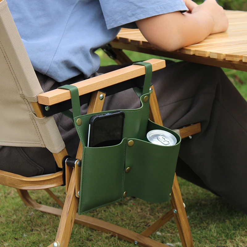 Camping Chair Pocket, Beach Chair Pouch with 2 Leather Pockets,  Wheelchair Side Bag for Bedside/Outdoor/Beach/Camping