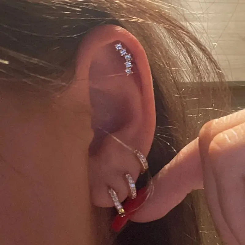 Curved CZ Cartilage Stud Moon Leaf Earring, Stainless Steel