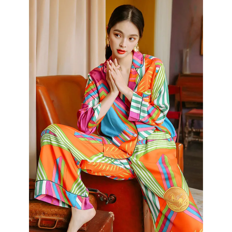 Fashion Silk Women Pajamas Set Fat MM Long Sleeve Spring and Summer Thin Satin Sleepwear Loose Home Clothes Can Be Worn Outside