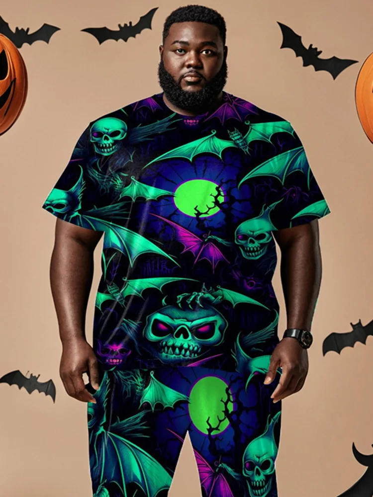 Biggmans Halloween Skeleton Two Piece Set Loose Fit O Neck Top Casual Pants Mens Outfit Casual Male Plus Size Party Suit 8XL 9XL