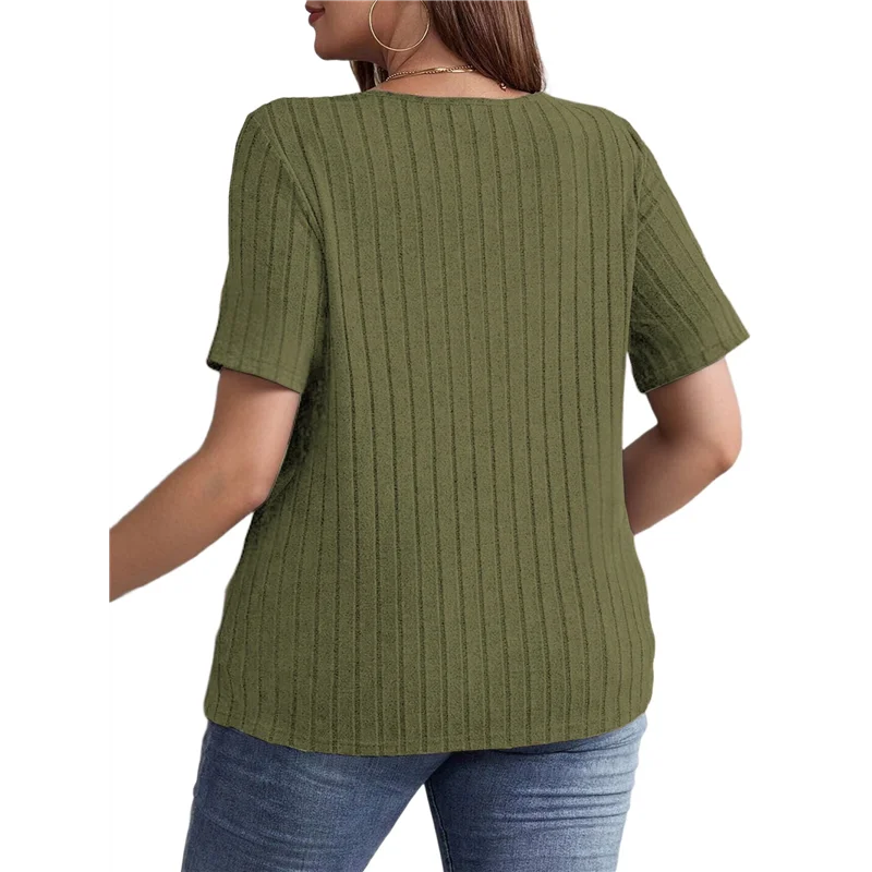 

AG-Women's Large Size Casual Tops Crossover V Neck Solid Color Shirt Pierced Brushed Pullover Short Sleeve Shirt