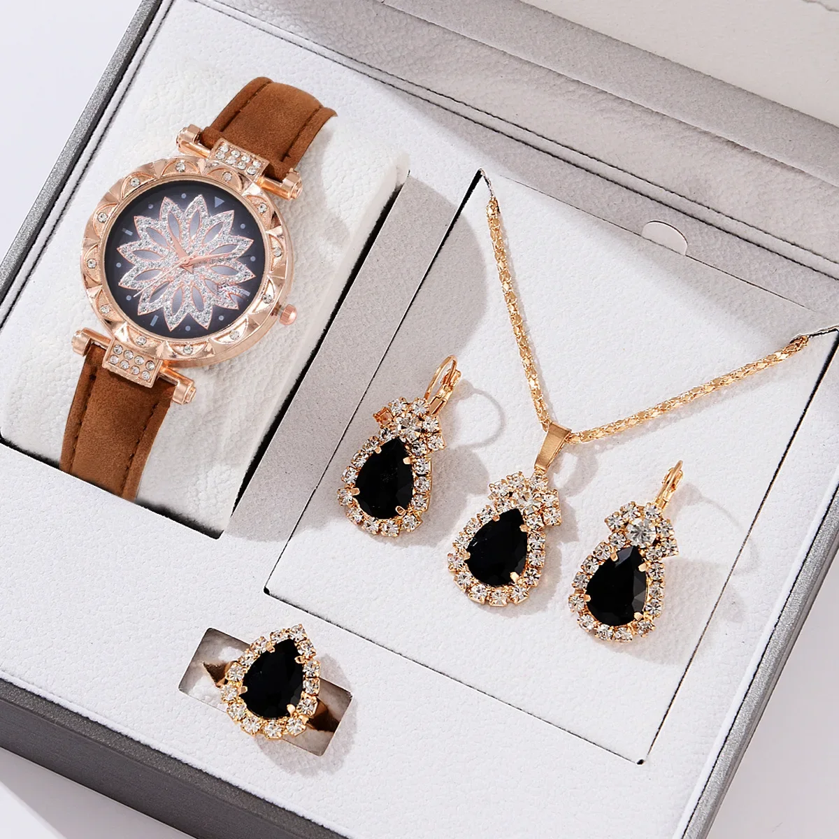 Ladies' Light Luxury Fashion Set Watch Leather Strap Necklace Earrings Jewelry Simple Leisure Bracelet Hot Selling Gift Set