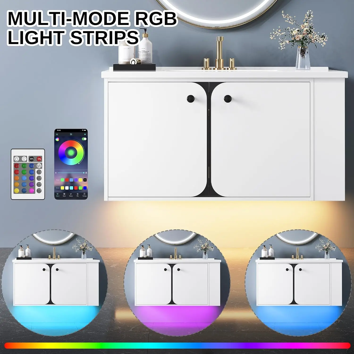 IRONCK 30" Bathroom Vanity with Sink, Floating Bathroom Sink Cabinet with LED Light & Extra Shelves, High GlossBathroom Vanities