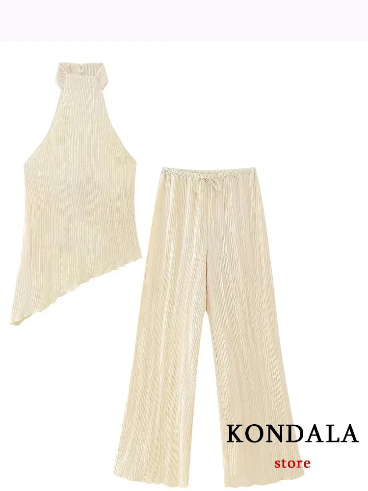 KONDALA Vintage Solid Women Shiny Suit Asymmetric Halter Blouses Straight Long Drawstring Pants Fashion 2023 Autumn Party Sets