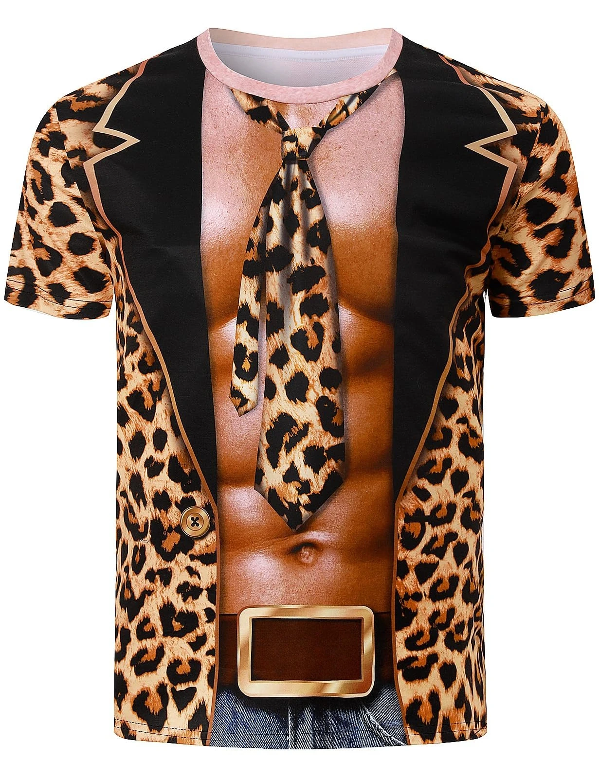 Men's Humorous Faux-muscle 3D Print T-shirt with Tiger-stripe Pattern—a Fun, Novelty Short-sleeve Tee Perfect Halloween Parties.