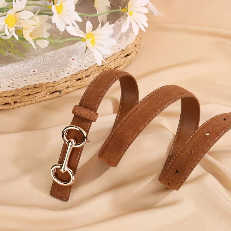 2024 Cross Border European and American Fashion Gold Double Circle Buckle Set Cowhide Velvet Belt Leather Belt