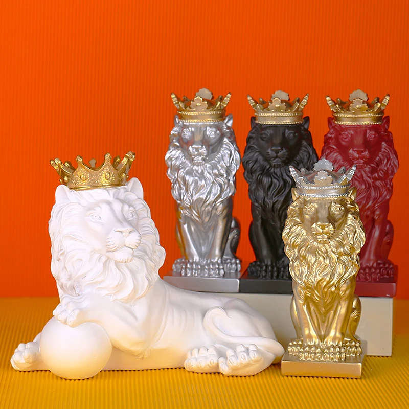 Modern Crown Lion Sculpture Nordic Resin Male Lion Statues Home Office Bar Decoration Art Abstract Animal Ornaments Decor Gifts