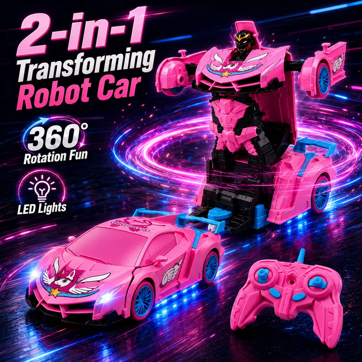 2-in-1 Unicorn RC Transforming Robot Car 2.4GHz Remote Control One Button Deformation 360 Rotation LED Lights Toy for Girls Kids