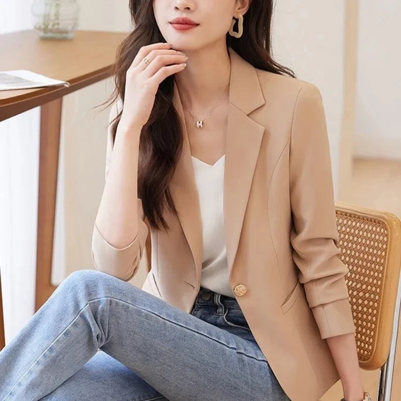 Women\'s Clothing Turn-down Collar Blazer Solid Color Button Up Cardigan Spring Autumn Shirt Coats Suits Office Lady Chic Tops