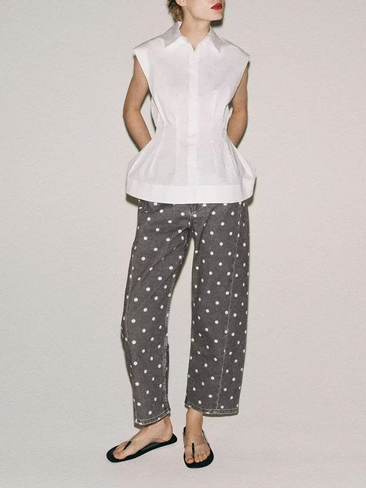 

Fashionable Polka Dot Loose Mid-Waist Nine-Piece Denim Pants Women's New Summer Clothing Long Pants Traditional Chinese Style