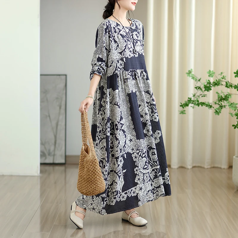 Early Autumn Floral Print Vaion Sle Travel round Ne Retro Long Dr Cotton Linen Material Meat Concealing Women's Dr