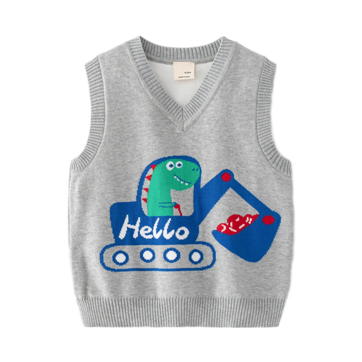 OVTRB Little Boys Dinosaur Excavator Sweater Vest Kids Autumn Winter Clothes Knitted V Neck Vest Sleeveless Pullover Sweater