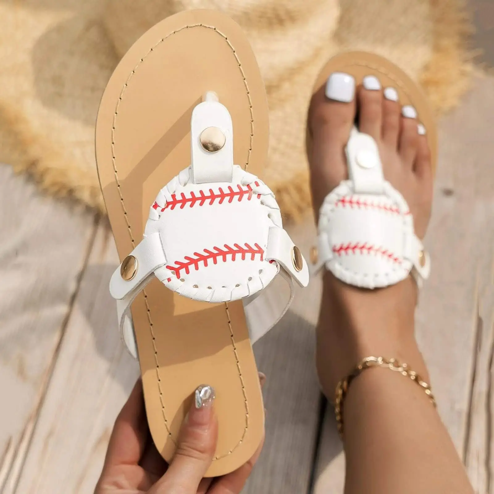 Women's Summer Fashion Baseball Sandals Flat Slippers Open Toe Casual Comfortable Ankle Flip Flops Roman Shoes Beach Travel Sand