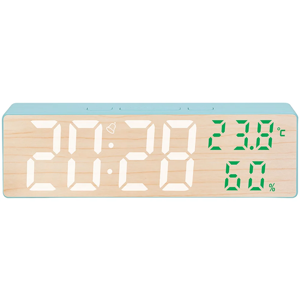 LED Clock with Wood Pattern Front Panel Real-Time Temperature and Humidity Monitoring Alarm Setup and Calendar View for Home